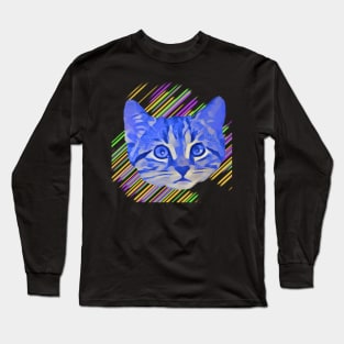 Blue Kitty Face Colorful Stripes Long Sleeve T-Shirt